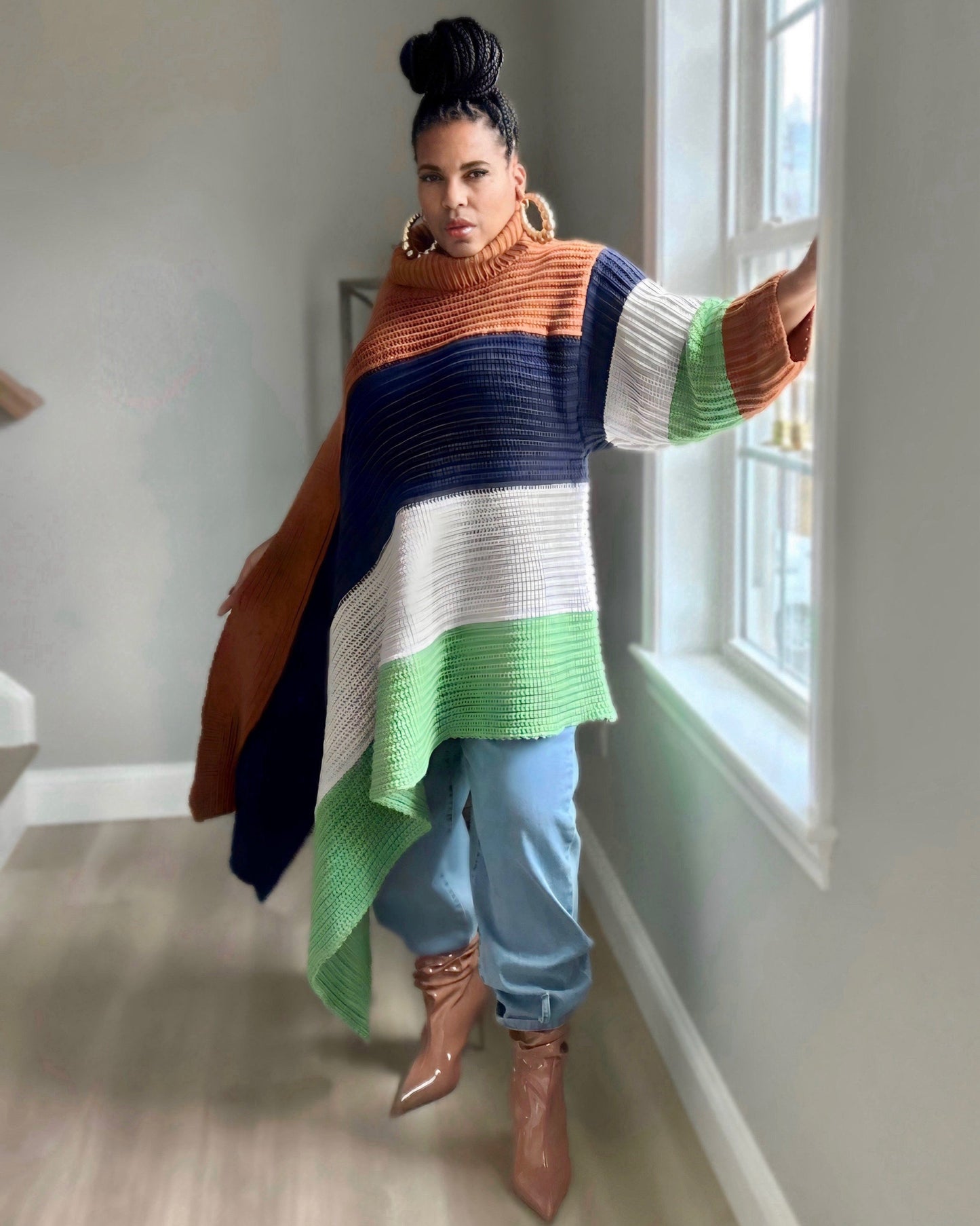 long turtleneck sweater front view