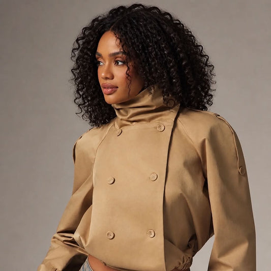 A woman with curly black hair wearing a cropped tan double-breasted jacket with a high mock neck and large buttons, photographed against a neutral gray studio background.