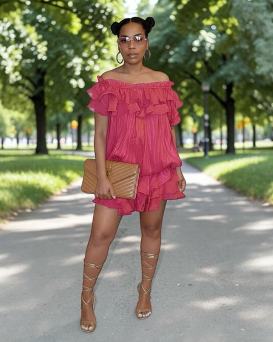  pink off-shoulder dress