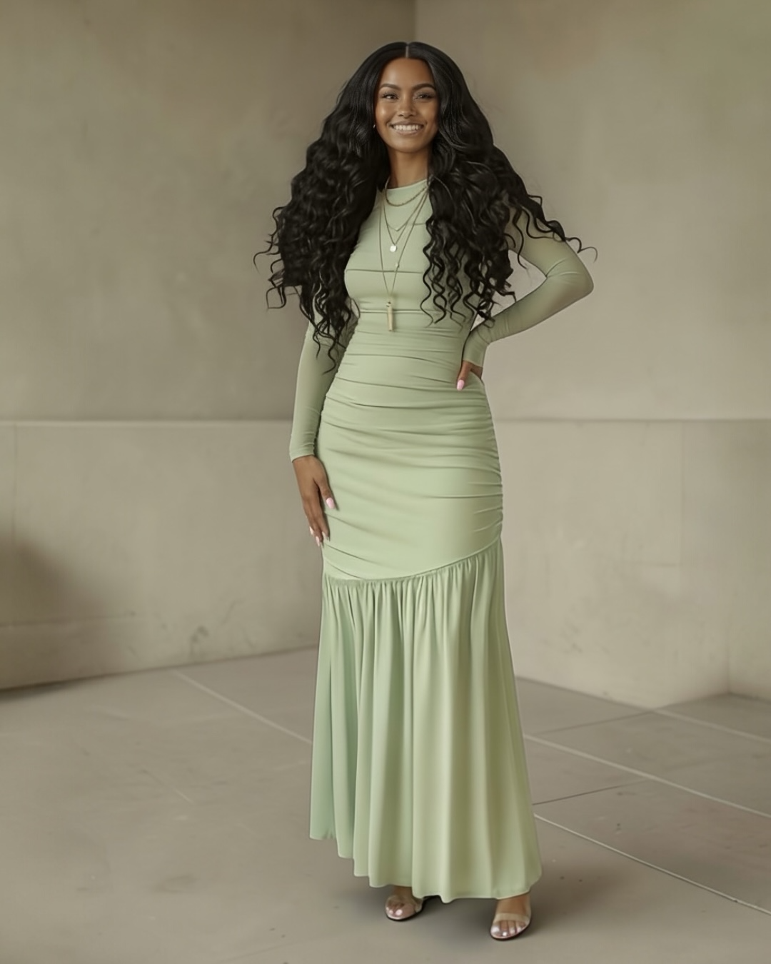 Mint green dress with a flowing silhouette sheer sleeve design, and ruched waist