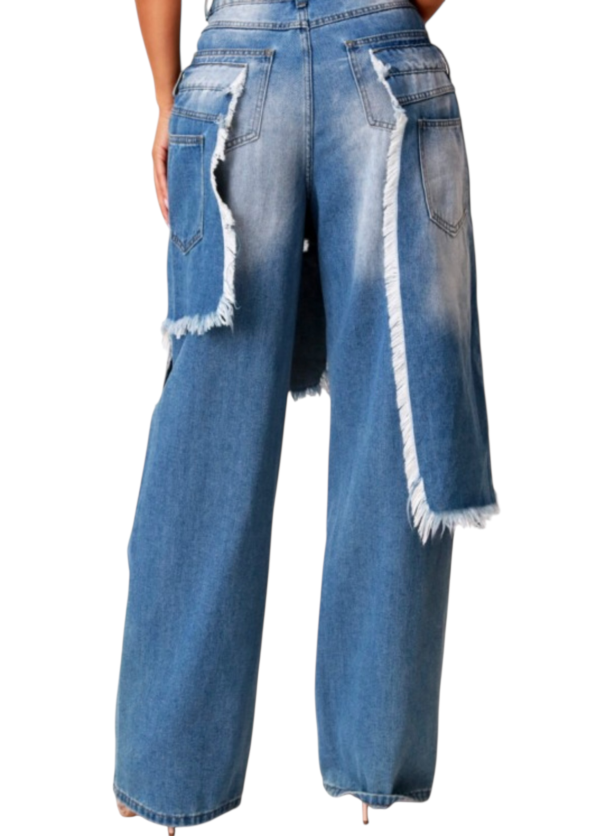 oversized distressed wide leg denim pants with layered detailing back view