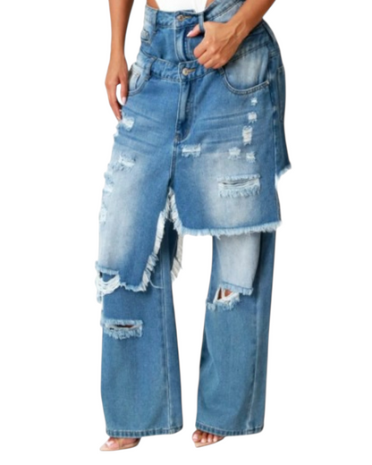 oversized distressed wide leg denim pants with layered detailing front view