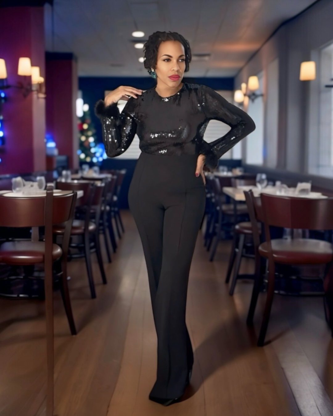 Holiday -Sparkle Jumpsuit for women -sequin top and stretchy wide leg bottom