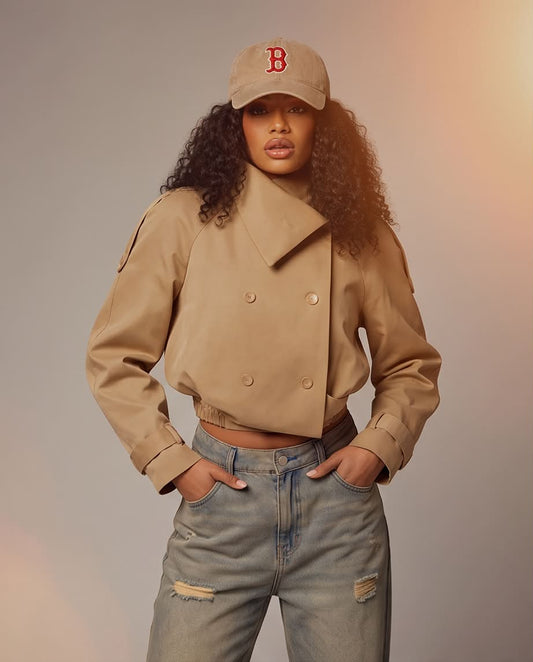 A model wearing a cropped tan double-breasted jacket, light-wash distressed jeans, a matching tan baseball cap with a red embroidered 'B' logo, and posing against a warm-toned studio background.