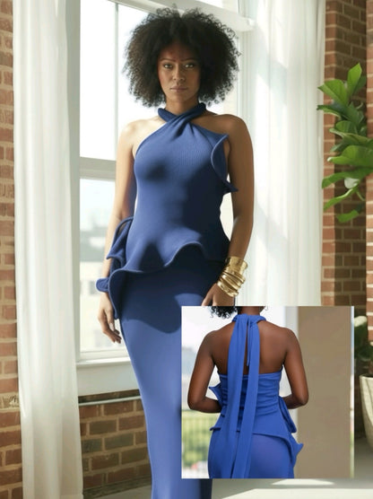 Back view of ruffle knit halter maxi dress showing neckline and silhouette